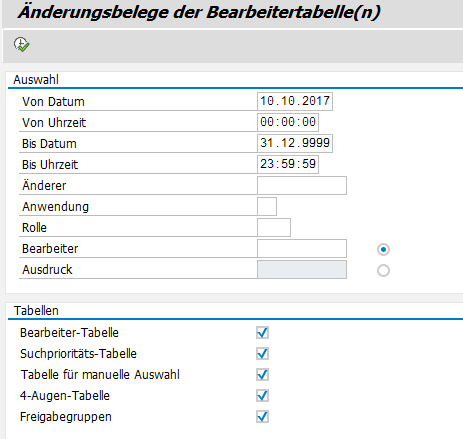 Selektionsdialog für die Änderungsbelege