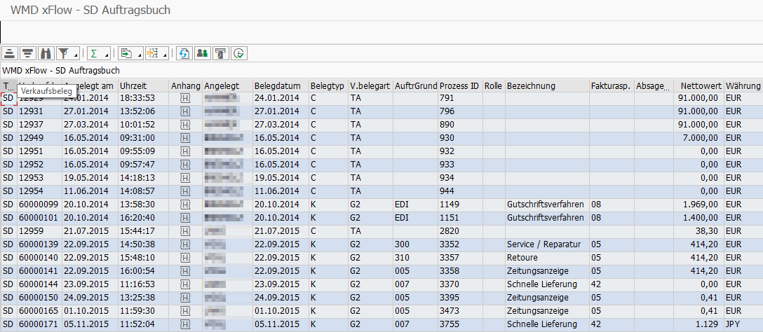SD-Auftragsbuch für den ausgewählten Bearbeitungsschritt