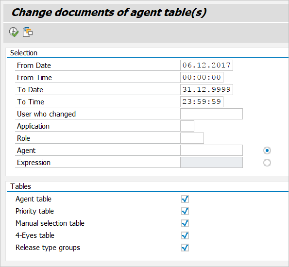 Selection screen for change documents